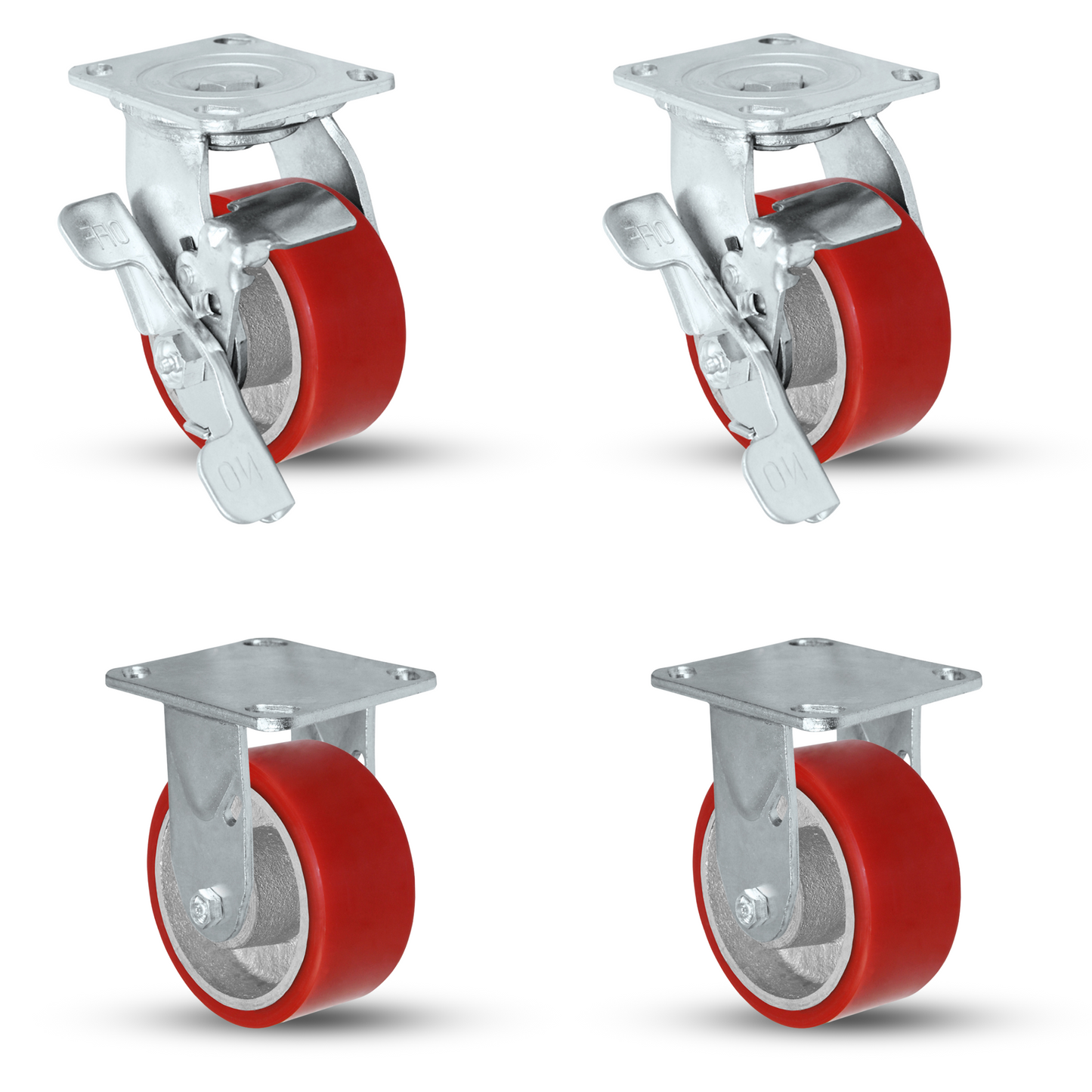 4" x 2" Red Polyurethane on Iron Caster Set | 2 Swivel Brakes & 2 Rigid