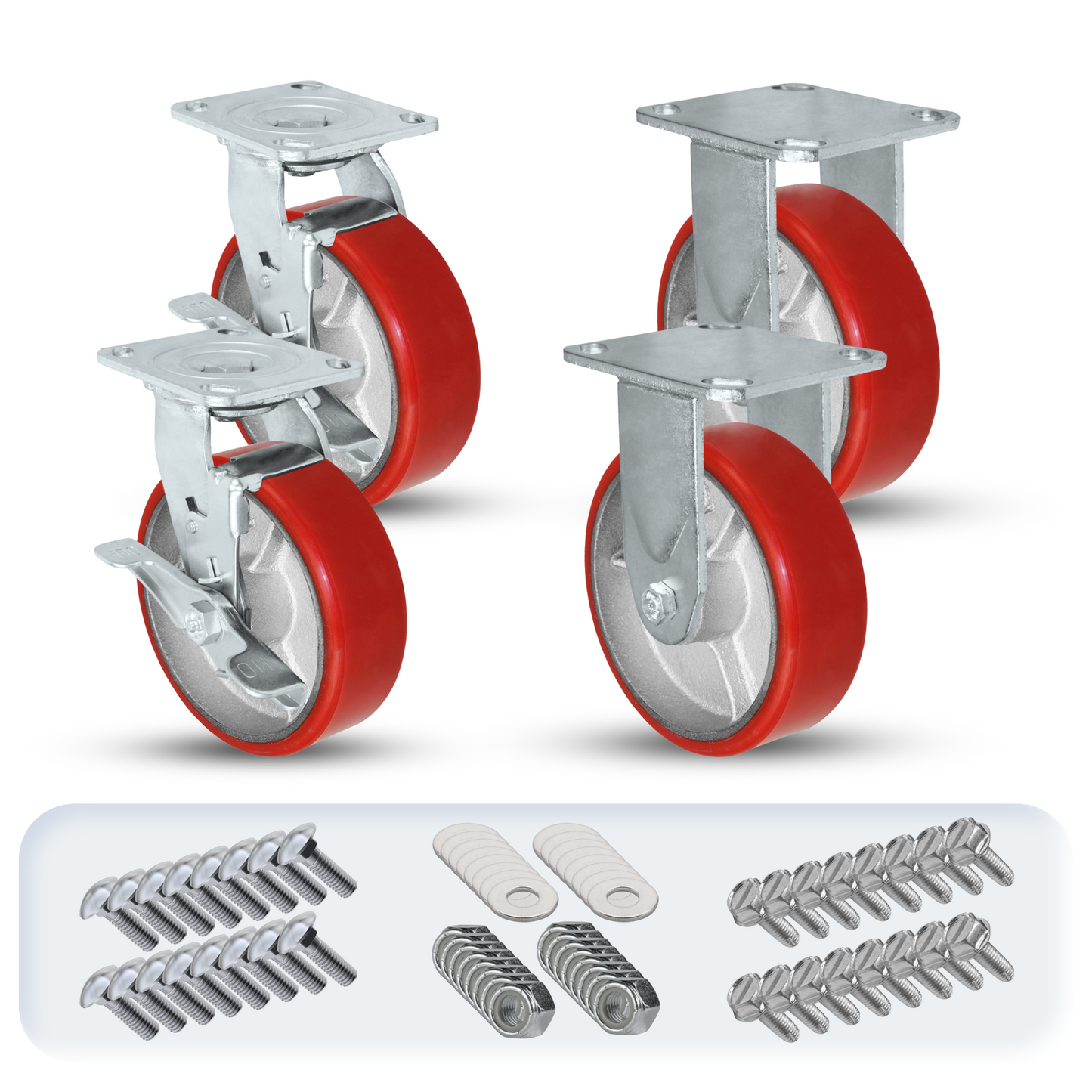 6" x 2" Red Polyurethane on Iron Caster Set | 2 Swivels with Brakes 2 Rigid