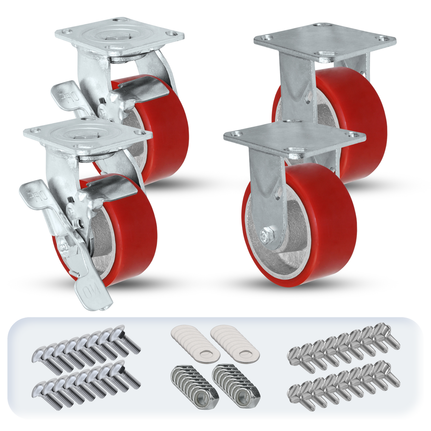 4" x 2" Red Polyurethane on Iron Caster Set | 2 Swivel Brakes & 2 Rigid