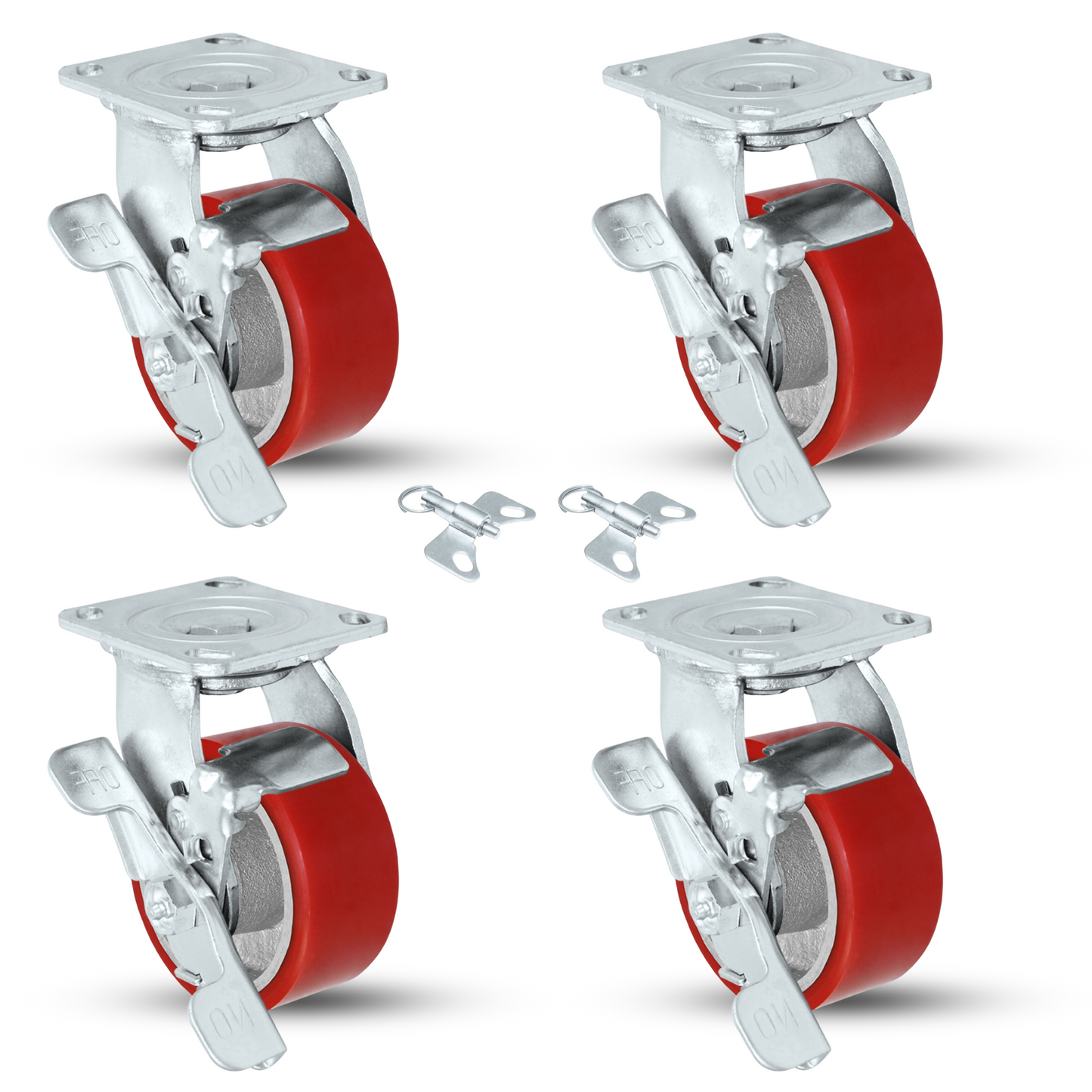 5" x 2" Red Polyurethane on Iron Caster Set | 4 Swivels with Brakes