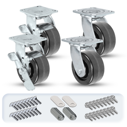 5 Inch Heavy Duty Casters With Brake - Set Of 4, 2400lb Capacity, Locking Swivel Plate Casters