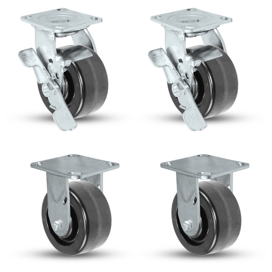 5" x 2" Phenolic Caster Set | 2 Swivel Brakes & 2 Rigid