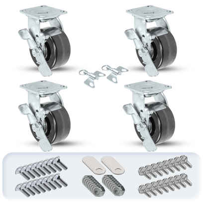 4" x 2" Phenolic Caster Set | 4 Swivels with Brakes